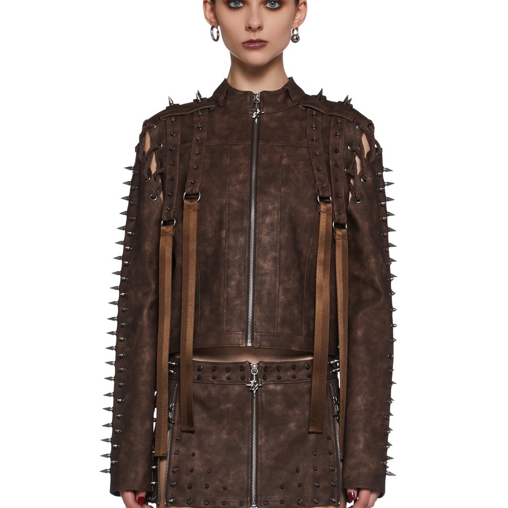 Dolls Kill Brown Spiked Leather Jacket